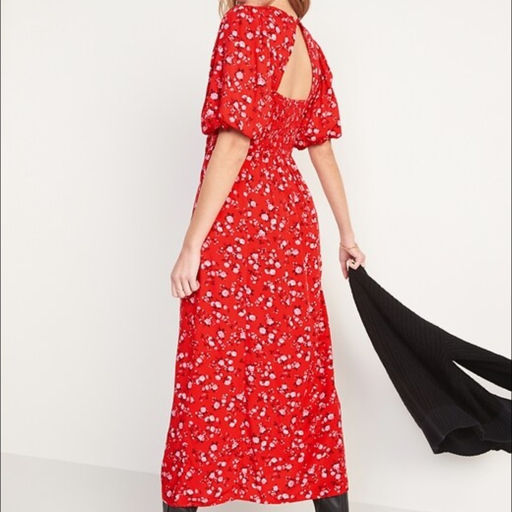 Floral Puff-Sleeve Red Maxi Shift Dress
